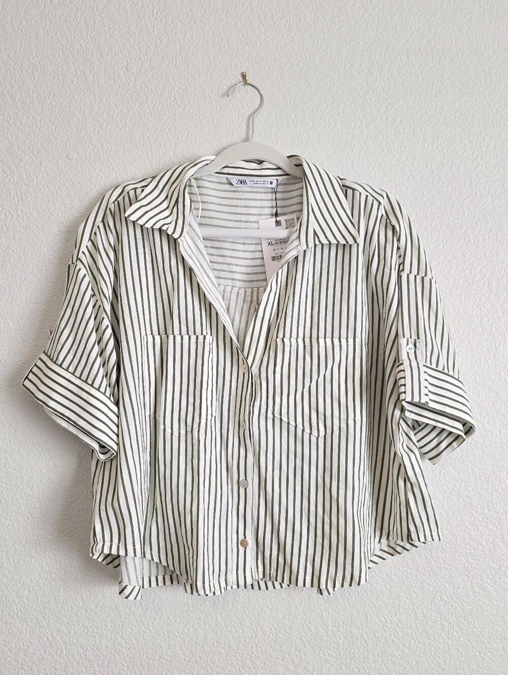 Zara Linen Blend Green White Striped Button Front Shirt